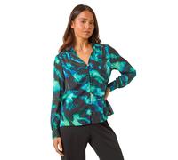 Roman Petite Animal Print Button Up V-Neck Blouse In Turquoise Turquoise 18