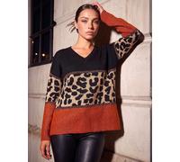 Roman Petite Animal Print Colour Block V-Neck Jumper Orange Mix