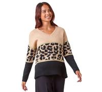 Roman Petite Animal Print Colourblock Jumper for Women UK - Ladies Autumn Everyday Winter Holiday V-Neckline Comfy Long Sleeve Soft Stretch Knit Top Desk to Dinner Sweaters - Camel - Size 14