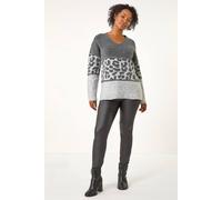 Roman Petite Animal Print Colourblock Jumper for Women UK - Ladies Autumn Everyday Winter Holiday V-Neckline Comfy Long Sleeve Soft Stretch Knit Top Desk to Dinner Sweaters - Grey - Size 14