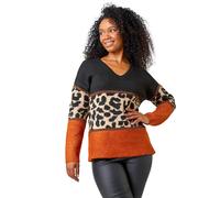 Roman Petite Animal Print Colourblock Jumper for Women UK - Ladies Autumn Everyday Winter Holiday V-Neckline Comfy Long Sleeve Soft Stretch Knit Top Desk to Dinner Sweaters - Rust - Size 16