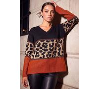 Roman Petite Animal Print Colourblock Jumper for Women UK - Ladies Autumn Everyday Winter Holiday V-Neckline Comfy Long Sleeve Soft Stretch Knit Top Desk to Dinner Sweaters - Rust - Size 14