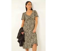Roman Women's Petite Animal Print Drawstring Midi Dress in Khaki | Size: 10 Roman Khaki 10