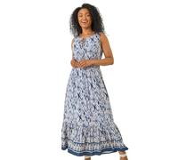 Roman Petite Animal Print Frill Hem Dress for Women UK - Ladies Everyday Holiday Spring Summer Round Neckline Comfy Soft Evening Vacation Work Party - Petite Blue - Size 16