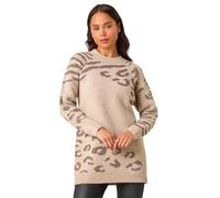 Roman Petite Animal Print Longline Jumper for Women UK - Ladies Autumn Everyday Winter Holiday High Neckline Comfy Long Sleeve Soft All Over Pattern Top Daywear Sweaters - Petite Stone - Size 10