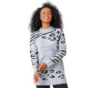 Roman Petite Animal Print Longline Jumper for Women UK - Ladies Autumn Everyday Winter Holiday High Neckline Comfy Long Sleeve Soft All Over Pattern Top Daywear Sweaters - Grey - Size 12