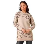 Roman Petite Animal Print Longline Jumper for Women UK - Ladies Autumn Everyday Winter Holiday High Neckline Comfy Long Sleeve Soft All Over Pattern Top Daywear Sweaters - Petite Stone - Size 14