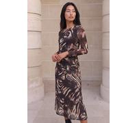 Roman Petite Print Mesh Ruched Midi Dress for Women UK - Ladies Everyday Autumn Winter Round Neckline Comfy Soft Evening Vacation Work Party Night Out - Petite Black - Size 14