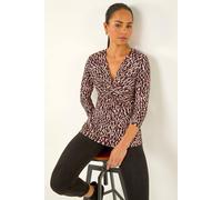 Roman Women's Petite Animal Print Twist Front Top in Wine | Size: 10 Roman Wine 10