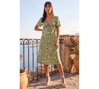 Roman Petite Animal Stretch Gathered Midi Dress for Women UK - Ladies Spring Everyday Summer Break - Khaki - Size 10