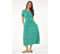 Roman Petite Aztec Gathered Waist Midi Dress In Green Green