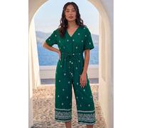 Roman Petite Aztec Print Belted Jumpsuit In Green Green