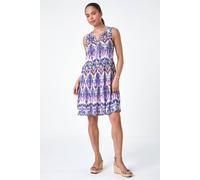 Roman Petite Aztec Print Button Front Dress for Women UK - Ladies Everyday Holiday Spring Summer V-Neckline Comfy Soft Evening Vacation Work Party - Petite Purple - Size 18