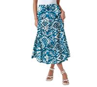 Roman Petite Aztec Print Cotton Midi Skirt for Women UK - Ladies Everyday Holiday Spring Summer Comfy Soft Evening Vacation Work Party - Teal - Size 18