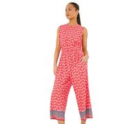 Roman Petite Aztec Print Cropped Jumpsuit for Women UK - Ladies Everyday Holiday Spring Summer Round Neckline Comfy Soft Evening Vacation Work Party - Petite Coral - Size 14