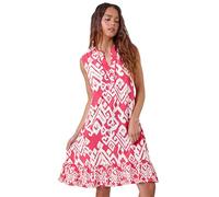 Roman Petite Aztec Print Frill Hem Dress for Women UK - Ladies Everyday Holiday Spring Summer Notched V-Neckline Comfy Soft Evening Vacation Work Party - Petite Coral - Size 10