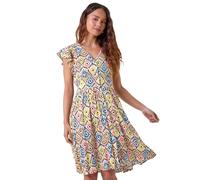 Roman Petite Aztec Print Frill Pocket Dress for Women UK - Ladies Spring Everyday Summer Holiday V-Neckline Comfy Short Sleeve Soft Knee Length Frock Vacation Gowns - Lime - Size 16