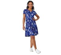 Roman Petite Aztec Print Tiered Dress for Women UK - Ladies Everyday Holiday Spring Summer Notch Neckline Comfy Soft Evening Vacation Work Party - Navy - Size 18