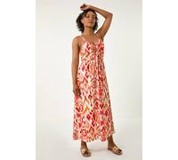 Roman Petite Abstract Ruched Front Maxi Dress for Women UK - Ladies Everyday Holiday Spring Summer V-Neckline Comfy Soft Evening Vacation Work Party - Petite Orange - Size 18