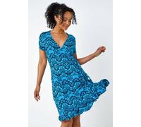 Roman Originals Wrap Tea Dress for Women UK Ladies Fit Flare Skater Swing Stretch Frill Long Sleeve Summer Evening Cocktail Party Work Office Casual Knee Length Midi - Petite Blue - Size 18