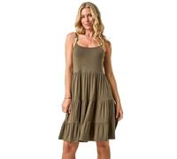 Roman Petite Beaded Strappy Tiered Dress for Women UK - Ladies Everyday Holiday Spring Summer Square Neckline Comfy Soft Evening Vacation Work Party - Petite Khaki - Size 16