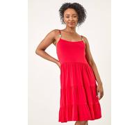 Roman Petite Beaded Strappy Tiered Dress for Women UK - Ladies Everyday Holiday Spring Summer Square Neckline Comfy Soft Evening Vacation Work Party - Petite Red - Size 14
