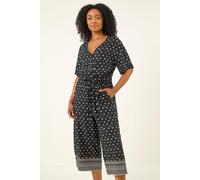 Roman Petite Border Print Cropped Jumpsuit In Black Black