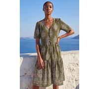 Roman Petite Border Print Tiered Dress In Khaki Khaki