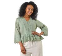 Roman Petite Broderie Scallop Blouse for Women UK - Ladies Spring Everyday Summer Holiday V-Neckline Comfy 3/4 Sleeve Soft Frill Detail Top Day Out Blouses - Petite Khaki - Size 16