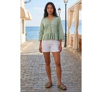Roman Petite Broderie Scallop Blouse for Women UK - Ladies Spring Everyday Summer Holiday V-Neckline Comfy 3/4 Sleeve Soft Frill Detail Top Day Out Blouses - Petite Khaki - Size 18