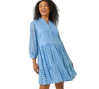 Roman Petite Broderie Tiered Dress for Women UK - Ladies Spring Everyday Summer Holiday V-Neckline Comfy 3/4 Sleeve Soft Fit & Flare Frock Day Out Gowns - Petite Blue - Size 18