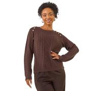 Roman Petite Button Cable Knit Jumper for Women UK - Ladies Everyday Autumn Winter Round Neckline Comfy Soft Evening Vacation Work Party Night Out - Petite Chocolate - Size 16