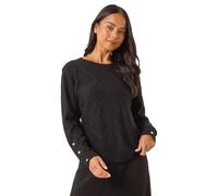 Roman Petite Button Cuff Knit Jumper for Women UK - Ladies Everyday Autumn Winter Round Neckline Comfy Soft Evening Vacation Work Party Night Out - Petite Black - Size 14