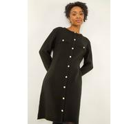 Roman Petite Button Detail Knit Dress for Women UK - Ladies Everyday Autumn Winter Round Neckline Comfy Soft Evening Vacation Work Party Night Out - Petite Black - Size 14