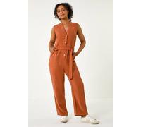 Roman Petite Button Detail Pocket Jumpsuit for Women UK - Ladies Everyday Holiday Spring Summer V-Neckline Comfy Soft Evening Vacation Work Party - Petite Brown - Size 16