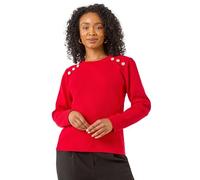 Roman Petite Button Shoulder Knit Jumper for Women UK - Ladies Everyday Autumn Winter Round Neckline Comfy Soft Evening Vacation Work Party Night Out - Petite Red - Size 18