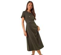 Roman Petite Button Stretch Midi Dress for Women UK - Ladies Everyday Autumn Winter Round Neckline Comfy Soft Evening Vacation Work Party Night Out - Petite Khaki - Size 10