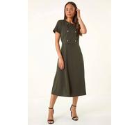 Roman Petite Button Stretch Midi Dress for Women UK - Ladies Everyday Autumn Winter Round Neckline Comfy Soft Evening Vacation Work Party Night Out - Petite Khaki - Size 12