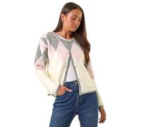 Roman Petite Buttoned Argyle Knit Cardigan for Women UK - Ladies Everyday Autumn Winter Round Neckline Comfy Soft Evening Vacation Work Party Night Out - Petite Ivory - Size 10