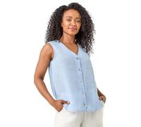 Roman Petite Buttoned Sleeveless Blouse for Women UK - Ladies Everyday Holiday Spring Summer V-Neckline Comfy Soft Evening Vacation Work Party - Petite Blue - Size 14