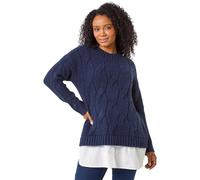 Roman Petite Cable Knit Cotton Shirt Jumper for Women UK - Ladies Everyday Autumn Winter Round Neckline Comfy Soft Evening Vacation Work Party Night Out - Petite Navy - Size 10