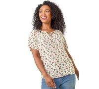 Roman Petite Cherry Print Lace Trim Top for Women UK - Ladies Everyday Holiday Spring Summer Round Neckline Comfy Soft Evening Vacation Work Party - Petite Ivory - Size 14