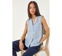 Roman Petite Collared Sleeveless Blouse for Women UK - Ladies Everyday Holiday Spring Summer V-Neckline Comfy Soft Evening Vacation Work Party - Petite Blue - Size 16