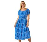 Roman Petite Contrast Embroidery Dress for Women UK - Ladies Everyday Holiday Spring Summer Round Neckline Comfy Soft Evening Vacation Work Party - Petite Royal Blue - Size 16