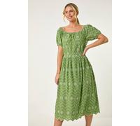 Roman Petite Contrast Embroidery Dress for Women UK - Ladies Everyday Holiday Spring Summer Round Neckline Comfy Soft Evening Vacation Work Party - Petite Khaki - Size 14