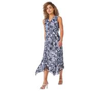 Roman Originals Women Petite Contrast Floral Print Hanky Hem Dress - Ladies Spring Everyday Summer Holiday V-Neckline Comfy Sleeveless Soft Vacation Chiffon - Navy - Size 18