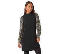 Roman Petite Contrast Frill Neck Stretch Dress for Women UK - Ladies Everyday Autumn Winter Round Neckline Comfy Soft Evening Vacation Work Party Night Out - Petite Black - Size 12