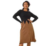 Roman Petite Contrast Knit Dress for Women UK - Ladies Everyday Autumn Winter Round Neckline Comfy Soft Evening Vacation Work Party Night Out - Petite Rust - Size 14