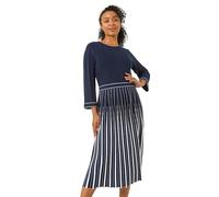 Roman Petite Contrast Pleat Midi Dress for Women UK - Ladies Spring Everyday Summer Holiday Round Neckline Comfy 3/4 Sleeve Soft Fit & Flare Frock Dinner Date Gowns - Navy - Size 10