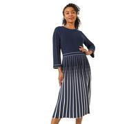 Roman Petite Contrast Pleat Midi Dress for Women UK - Ladies Spring Everyday Summer Holiday Round Neckline Comfy 3/4 Sleeve Soft Fit & Flare Frock Dinner Date Gowns - Navy - Size 14